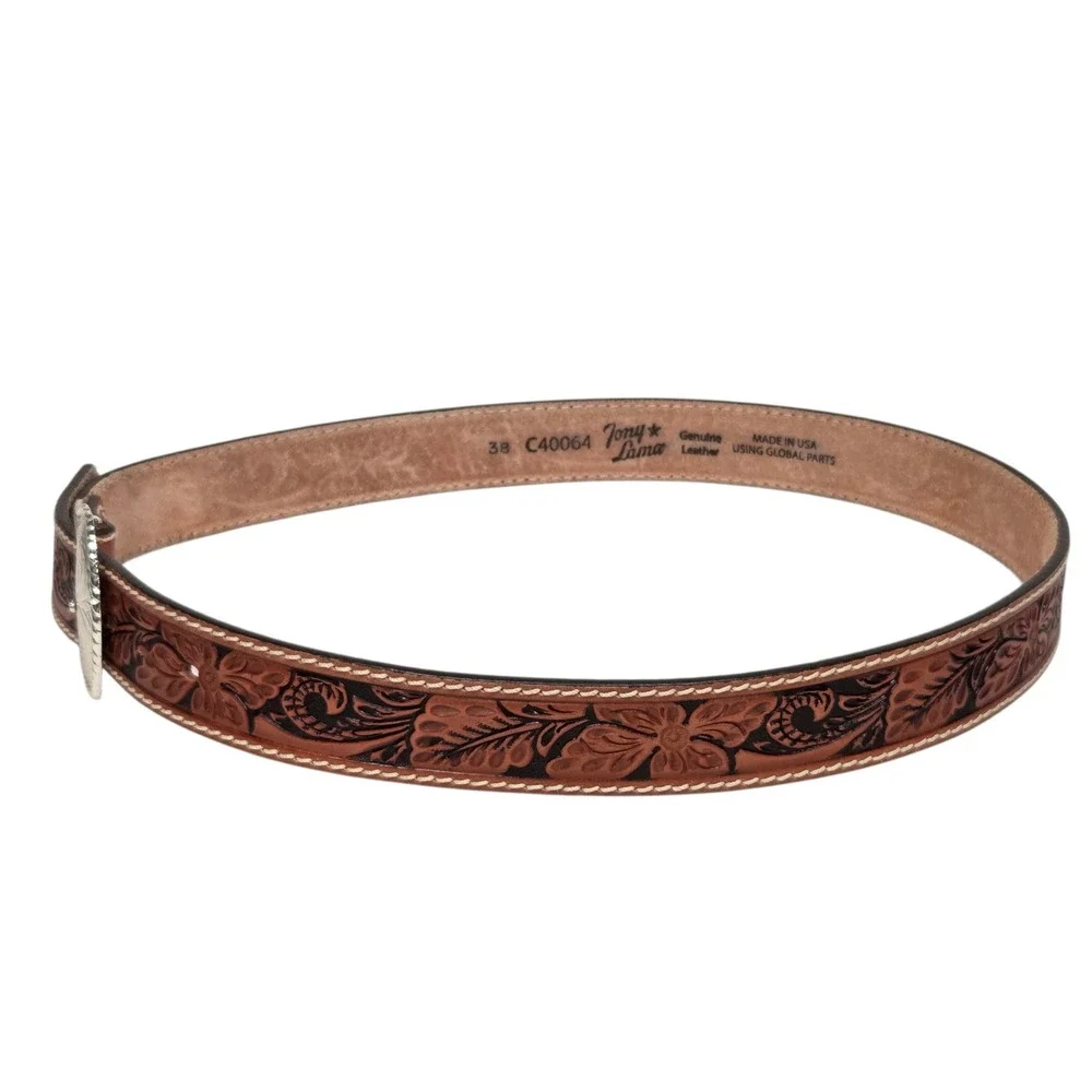 New Tony Lama Belt Mens 38 Brown Floral Tooled Leather Western Silver Buckle